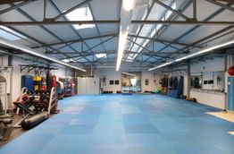 Großer Fitnessraum mit blauen Matten, Boxsäcken und Trainingsgeräten an den Wänden.
