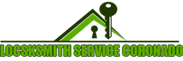 Green house logo with text: "LOCKSMITH SERVICE CORONADO."