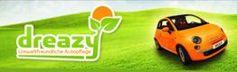 Grüner Hintergrund mit Logo von dreazy und orangenem Auto, "Umweltfreundliche Autopflege".