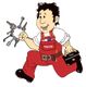 Zeichnung eines Schlüsseldienst-Mannes in rotem Overall mit Schlüsseln und Werkzeugtasche.