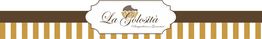 Banner com logotipo "La Golosità", fundo listrado em marrom e creme, e desenho de sorvete.