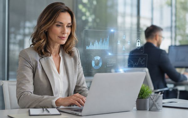 HR Managerin prüft digitale Lohnabrechnungsdaten und Gehaltsauswertungen am Laptop in einem modernen Büro.