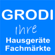 Weiße Schrift auf blauem Hintergrund: "GRODI Ihre Hausgeräte Fachmärkte".