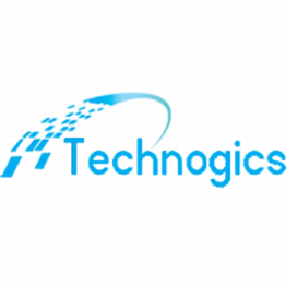 Technogics logo with blue pixel design and swoosh above the company name.