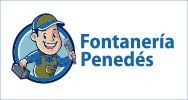 Logo de "Fontanería Penedés" con un personaje de fontanero sonriente con herramientas.