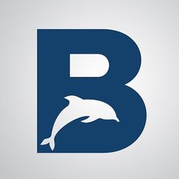 Blue letter 'B' with a white dolphin silhouette inside on a gray background.