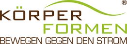 Logo mit Text: "Körperformen - Bewegen gegen den Strom". Braun-grüne Farben.