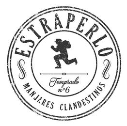 Sello circular "Estrapero", figura corriendo al centro, texto: "Manjares Clandestinos".