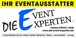 Gelbes Logo der "Event Experten" mit Kontaktinfo und Serviceangeboten für Event-Mobiliar.