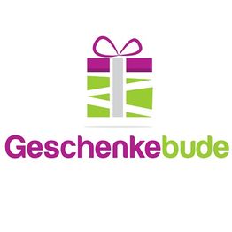Logo mit Geschenk und Schriftzug "Geschenkebude" in Lila und Grün auf weißem Hintergrund.