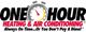 Logo for One Hour Heating & Air Conditioning with a stopwatch and their slogan on punctuality.