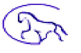 Blaues, stilisiertes Pferd in einem ovalen Rahmen, digital gezeichnet.