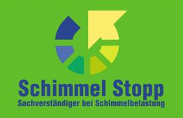 "Grünes Logo mit Kreisdiagramm und Text: Schimmel Stopp, Sachverständiger bei Schimmelbelastung."