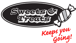 Logo met tekst "Sweets & Treats" en een getekend snoepje in zwart en wit.