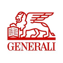 Rotes Generali-Logo mit geflügeltem Löwen und Buch mit lateinischem Text.