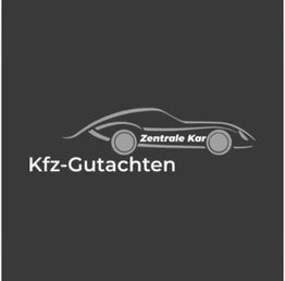 Silhouette eines Autos mit dem Schriftzug "Zentrale Kar Kfz-Gutachten" auf grauem Hintergrund.