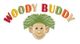 Illustration mit fröhlichem Holzgesicht und grünen Haaren, darüber bunte Buchstaben "Woody Buddy".