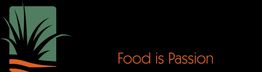 Logo mit einem stilisierten Blatt und den Worten "Food is Passion" in Orange auf schwarzem Hintergrund.