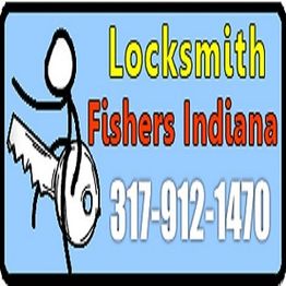 Cartoon figure on a key with text: "Locksmith Fishers Indiana 317-912-1470."