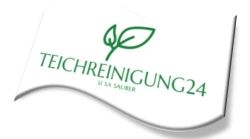 Logo mit grünen Blättern und Schriftzug "Teichreinigung24" auf weißem Hintergrund.