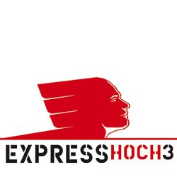 Rot-schwarzes Logo mit Kopfprofil und Schriftzug "EXPRESSHOCH3".