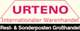 Logo mit Text: "URTENO Internationaler Warenhandel, Rest- & Sonderposten Großhandel".