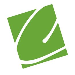 Grünes quadratisches Logo mit geschwungenem weißem Muster und diagonal geneigter Anordnung.