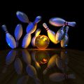 A glowing bowling ball hits pins, scattering them on a shiny lane.