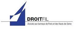 Logo DroitFil avec un motif bleu et texte "Avocats aux barreaux de Paris et des Hauts-de-Seine".