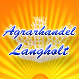 Sonnenstrahlen-Hintergrund mit Schriftzug "Agrarhandel Langholt" in blauer Schrift.