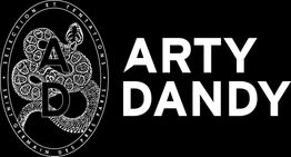Logo noir et blanc avec texte "ARTY DANDY" et illustration circulaire AD orné de motifs.