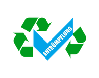 Recycling-Symbol mit blauem Häkchen und dem Wort "Entrümpelung" in der Mitte.