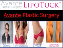 Avante Plastic Surgery ad featuring Lipotuck and breast augmentation services.