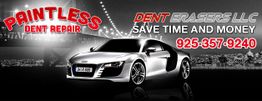Sports car with "Paintless Dent Repair, Dent Erasers LLC, Save Time and Money, 925-357-9240" text.