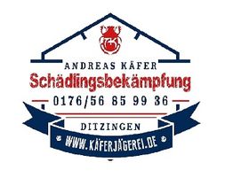 Logo für Schädlingsbekämpfung mit Kontaktinfos und Website: www.käferjägerei.de.