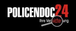 Logo mit Text "POLICENDOC24 Ihre Versicherung". Lupe hebt "sicher" in "Versicherung" hervor.