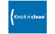 Blaues Logo mit weißem Text "Knick 'n' clean" und geschwungener Linie links.