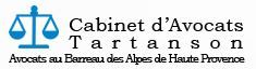 Logo bleu de Cabinet d'Avocats Tartanson avec balance et texte.