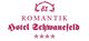 Logo von Romantik Hotel Schwanefeld mit vier Sternen, in roter Schrift auf weißem Hintergrund.