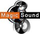 Logo mit drei Schallplatten und Schriftzug "Magic Sound" auf orange-schwarzem Hintergrund.