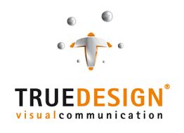 Logo mit Text: "TRUEDESIGN visual communication", in Orange und Grau auf weißem Hintergrund.