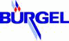 Blaues Logo mit der Aufschrift "BÜRGEL", rotes Dreieck und grauen Linien als Akzent.
