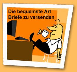 Mann entspannt am Schreibtisch mit Kaffee, Bildschirm. Text: "Die bequemste Art Briefe zu versenden".