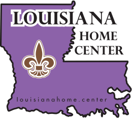 Map of Louisiana in purple with "Louisiana Home Center" text and website link.