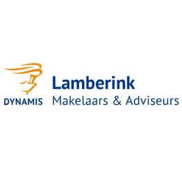 Logo van Lamberink Makelaars & Adviseurs met Dynamis-beeldmerk in oranje en blauw.