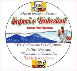 Logo della pizzeria "Sapori e Tentazioni" con chef, Vesuvio e dettagli di contatto a Genova.