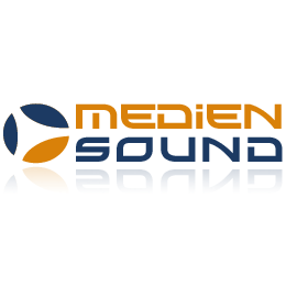 Logo mit Schriftzug "Medien Sound" und abstrakter Grafik in Blau und Orange auf weißem Hintergrund.