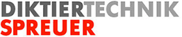 Logo mit dem Text "DIKTIERTECHNIK SPREUER" in Grau und Rot.