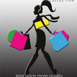 Silhouette di donna con borse colorate, sfondo grigio. Testo: "less price more quality".