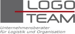 Logo: Graues Quadrat mit rotem Strich, Text: LOGO TEAM, Unternehmensberater für Logistik.